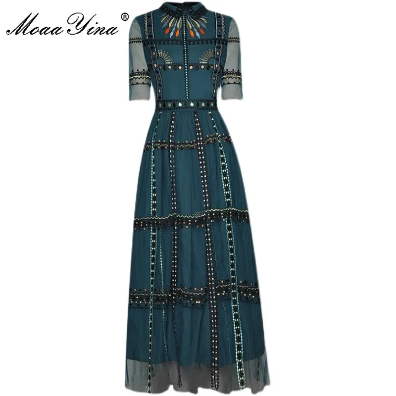 MoaaYina Fashion Designer Women's Turn-down Collar High waist Stripe Embroidery Vintage Mesh Dress Summer Elegant Party dress