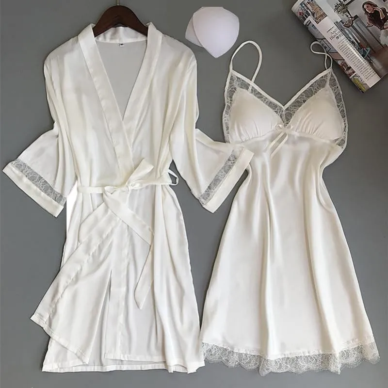 

Sexy Women Rayon Kimono Bathrobe WHITE Bride Bridesmaid Wedding Robe Set Lace Trim Sleepwear Casual Home Clothes Nightwear