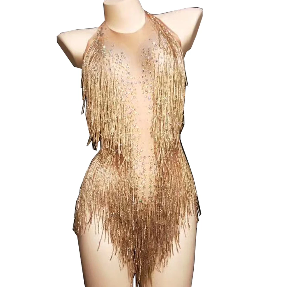 

Gold Shining Rhinestones Women Sleeveless Bodysuit Glitter Tassel Nightclub Leotard Pole Dancing Show Drag Queen Costumes