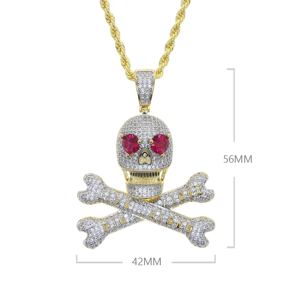 Cool Rock Punk Men Pave 5A CZ Iced Out Bling Live Alone Die Alone Full Clear Cubic Zircon Pirate Skull Pendant Necklace Jewelry