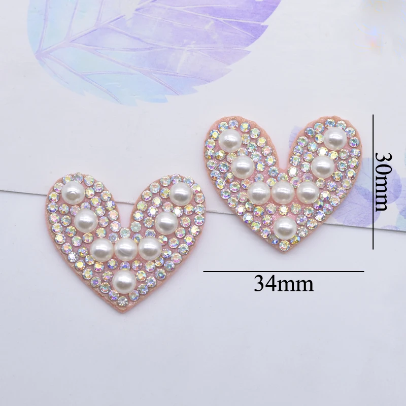 10Pcs/lots 35mm Pearl Rhinestone Heart Scrapbook Clothing Home Decor Applique Motif Wedding Patch Hairband Accessories Material