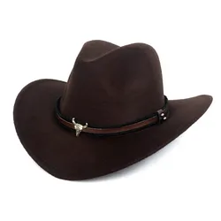 New West Cowboy Hat Fashion Imitation Wool Felt Hat Metal Bull Head Decoration Sombrero Western Men Women Cap Black Brown