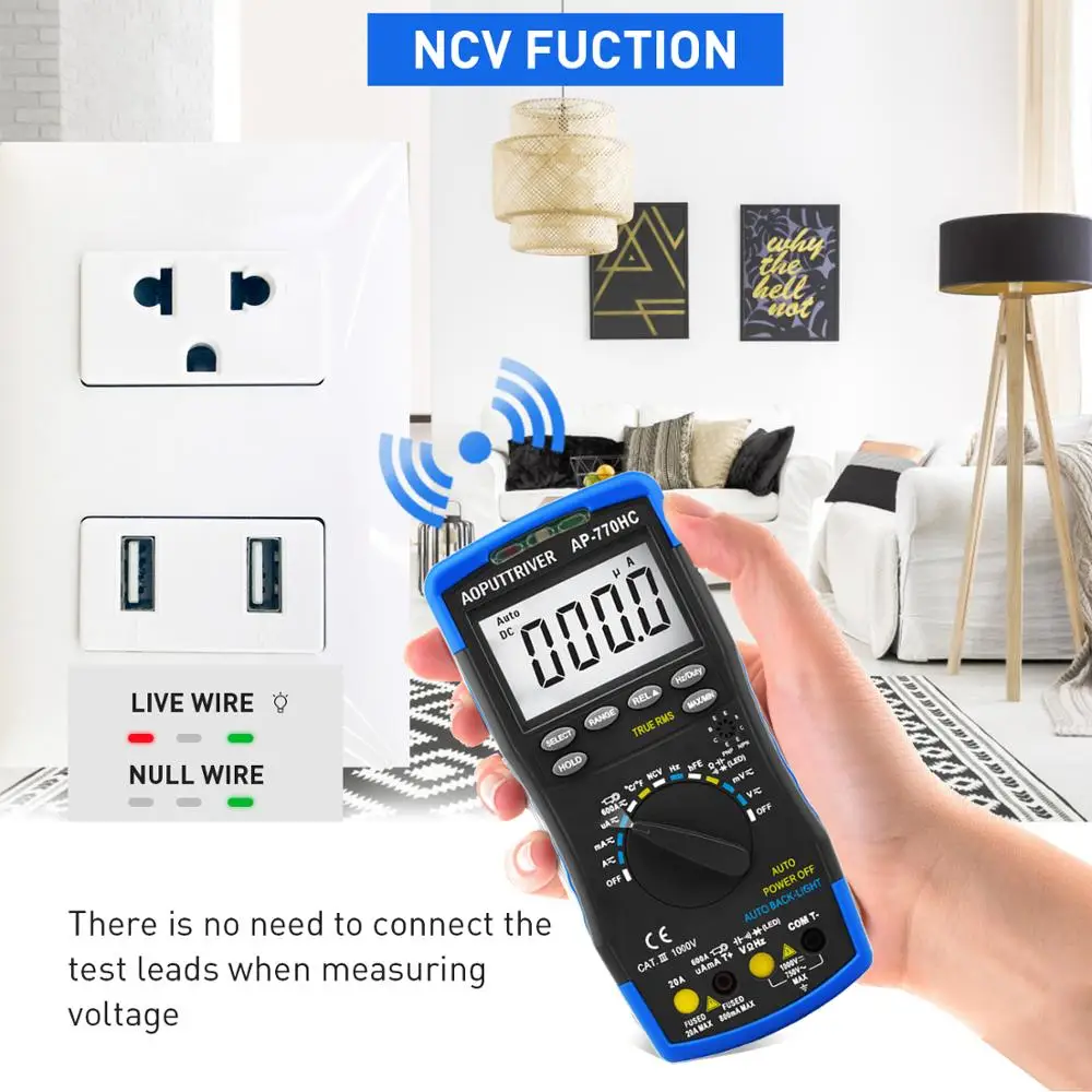 HoldPeak HP-770HC True RMS Auto Ranging Digital Multimeter with NCV Feature and Temperature/Frequency/Duty Cycle Test