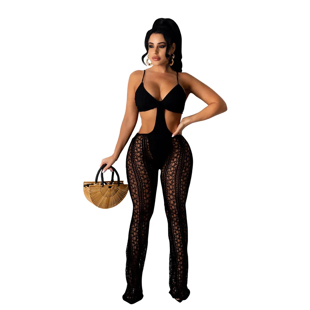 Sexy See Through Lace Jumpsuit Women Elegant V Neck Spaghetti Strap Cut Out Backless Slim Club Party Jumpsuit Overalls for Women