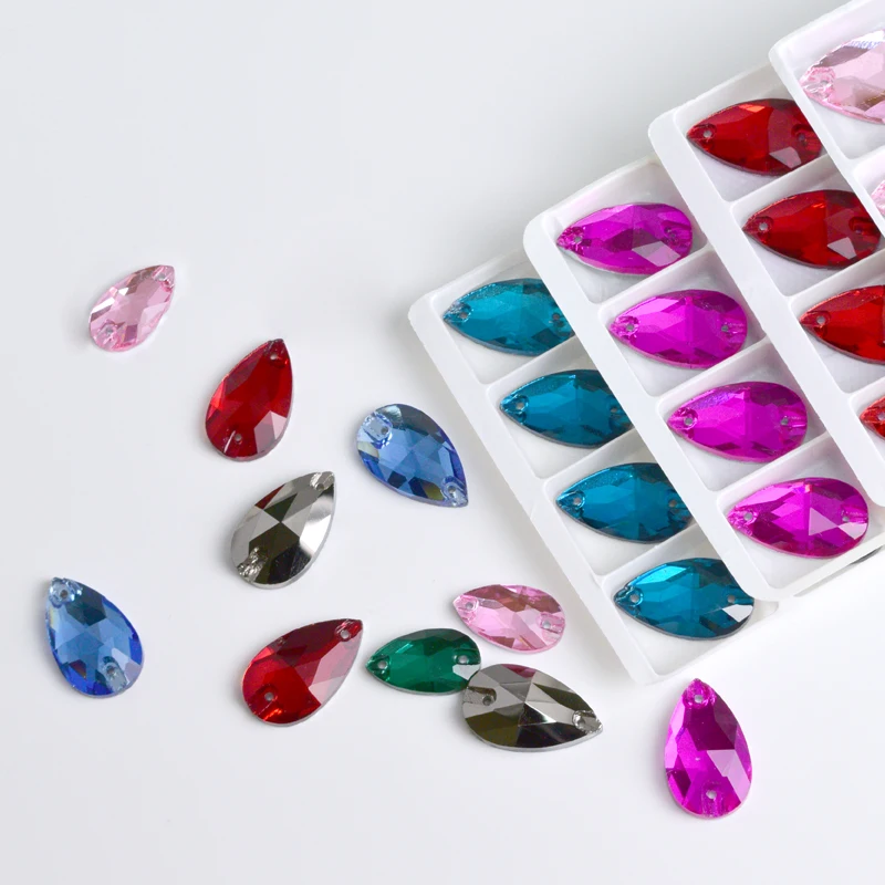 All colors sew-on rhinestones Water drops flatback sew on stone 2holes glass crystal for DIY wedding dress Accessories all size