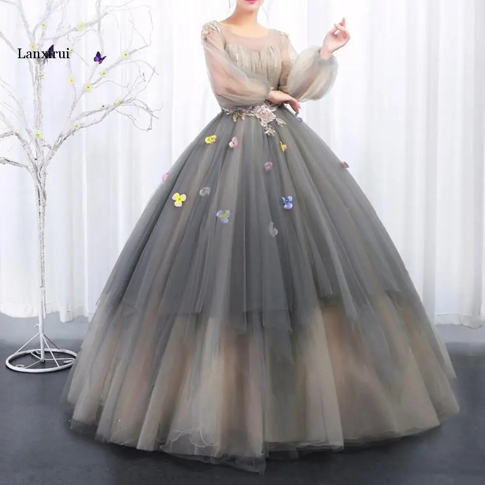 

Vintage Princess Tutu Floral Dresses With Puffy Full Sleeves Sparkle Sequined Beaded Long Prom Gowns Lace Up Robe De Bal