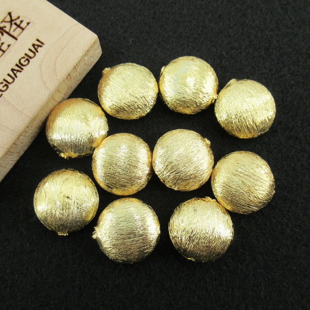 APDGG Wholesale 10 PCS 15mm Copper Coin Shape Brushed Bead Gold Plated DIY Findings