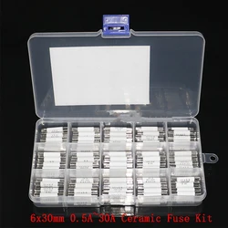 75pcs Ceramic Fuse 6mm x 30mm 0.5A 1A 2A 3A 4A 5A 6A 8A 10A 13A 15A 16A 20A 25A 30A Fuse Assortment Kit 6x30mm Insurance Tube