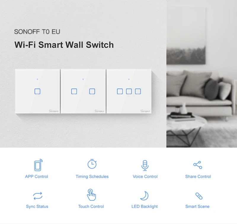 SONOFF T0 EU/US WiFi Smart Switch Smart Home Interruptor Lampu Dinding Panel Sakelar Sentuh untuk Alexa Google Assistant EWelink