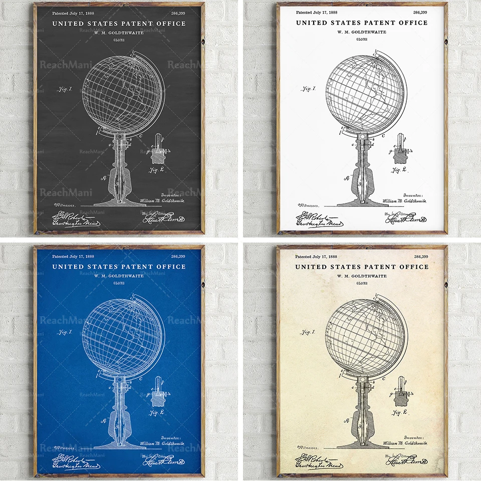 World Globe براءة اختراع طباعة خمر مخطط جدار الفن غرفة المعيشة المنزلي ديكور Rétro Affiche. ديكور جدارية دي لا مكتبة دي جيوج