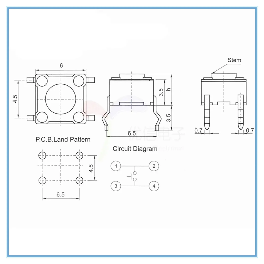 50PCS  6*6*5mm 4PIN Seven color Smart Electronics Tactile Switches Push Button SMD Tact Switch Switch