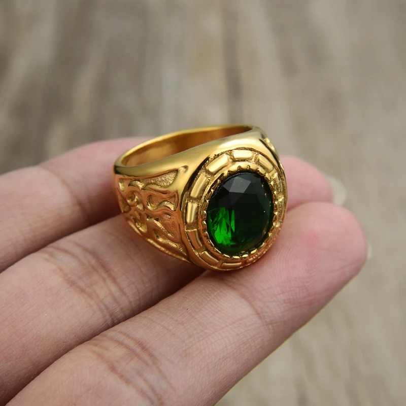 Men\'s Gold Color Vintage Ring Green Crystal Stone Ring Stainless Steel Wedding Band Crystal Anillos Mujer Jewelry