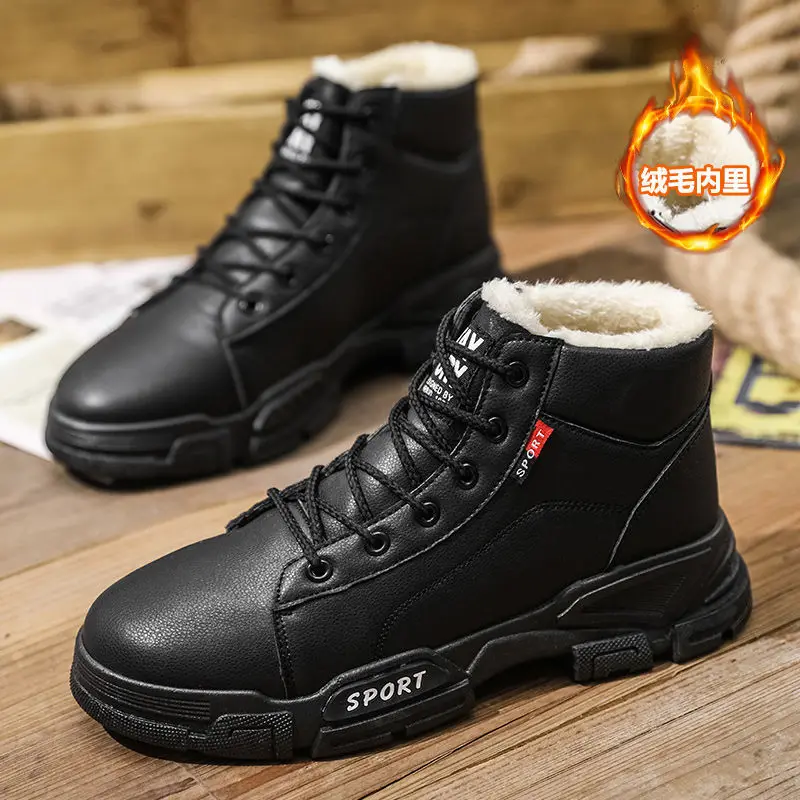 Men's Leather Boots Wool Fur Thick Composite Sole Winter Warm Shoes Men's Cowhide Leather Designer Outdoor Men's Ankle Boots