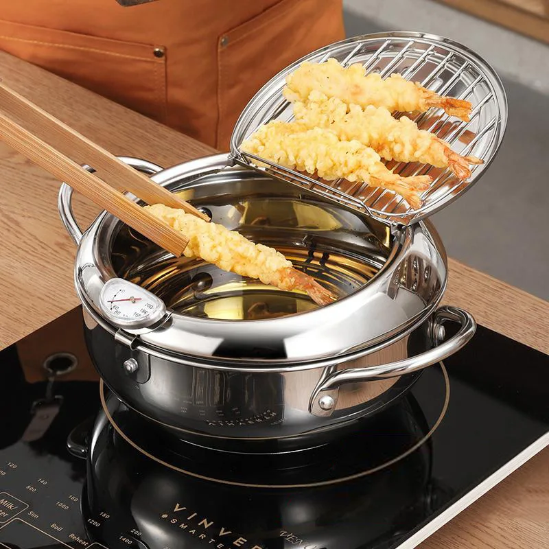 Japanese Deep Frying Pot with a Thermometer and a Lid 304 Stainless Steel Kitchen Tempura Fryer Pan 20 24 cm