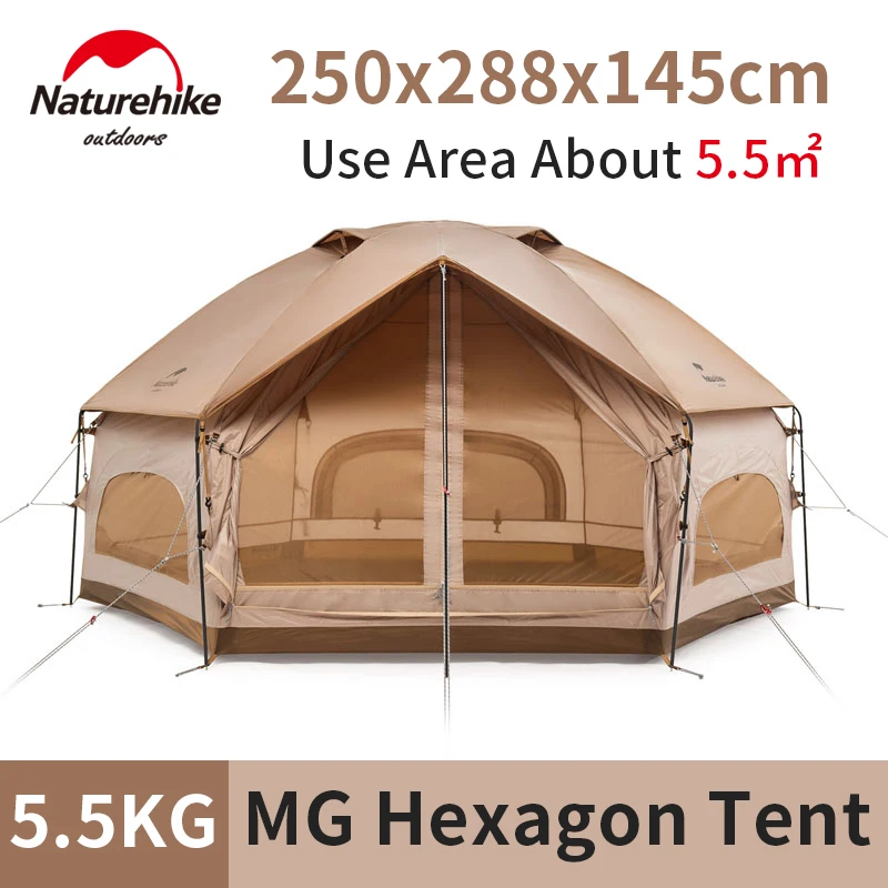 

Naturehike MG Hexagonal Camping Tent 3-4 Persons 210T Windproof Waterproof Yurt Family Tent 3 Windows 1 Door 5.5㎡ Large Area