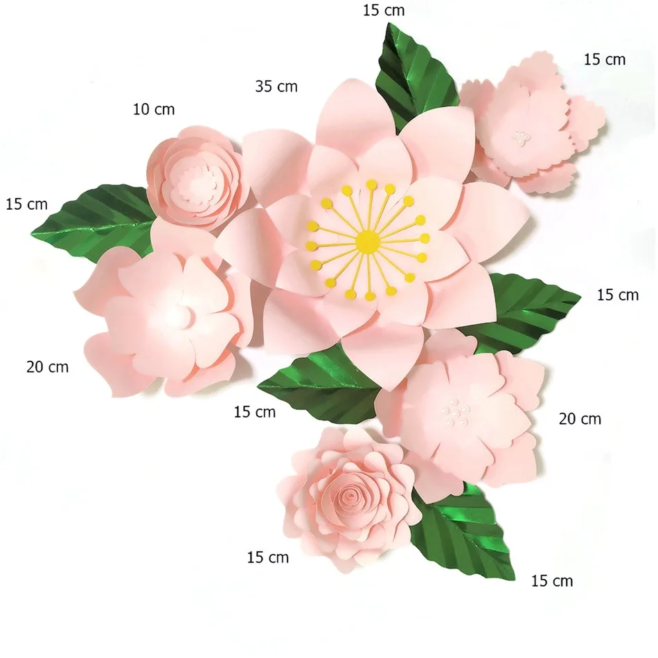 Light Pink  Rose DIY Paper Flowers Leaves Set For Party Birthday Backdrops Decorations Baby Girl Nursery Wall Deco Crafts Floral