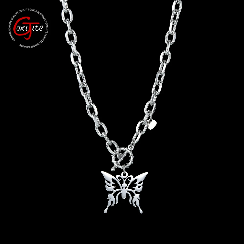 Goxijite Hot Sale Elegant Women's Necklace Stainless Steel OT Buckle Hollow Butterfly Necklaces Birthday Party Gift