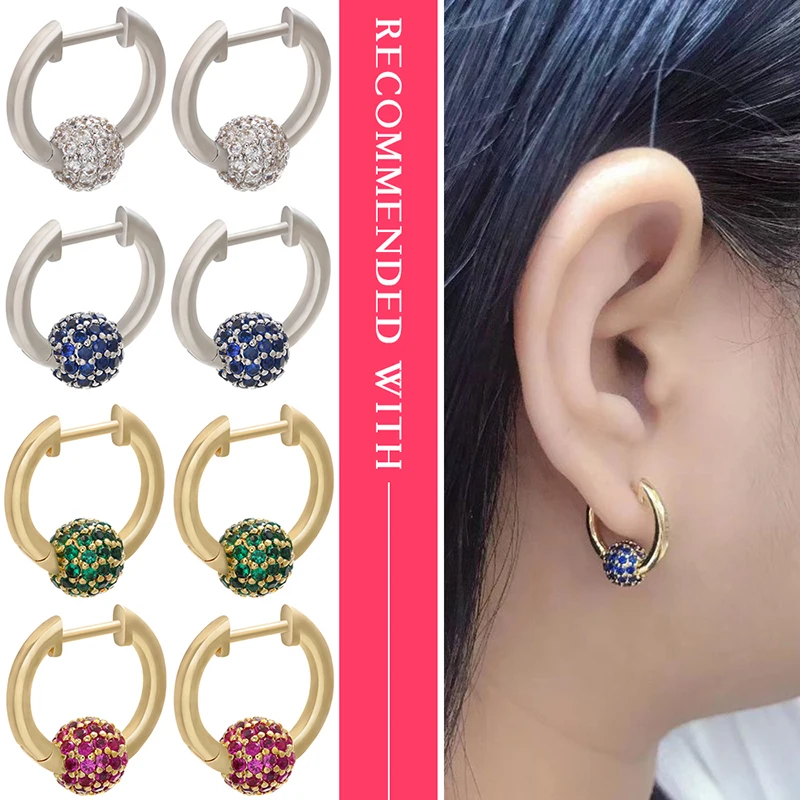 ZHUKOU One Pair 17x19mm CZ crystal small hoop earrings with balls for women lady Brass popular earring hoop jewelry model:VE169 image 2