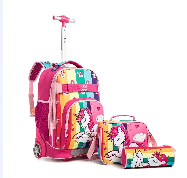 Children School Trolley bag sets with lunch bag Rolling luggage backpack school wheeled backpack girls School Rolling Bag Wheels