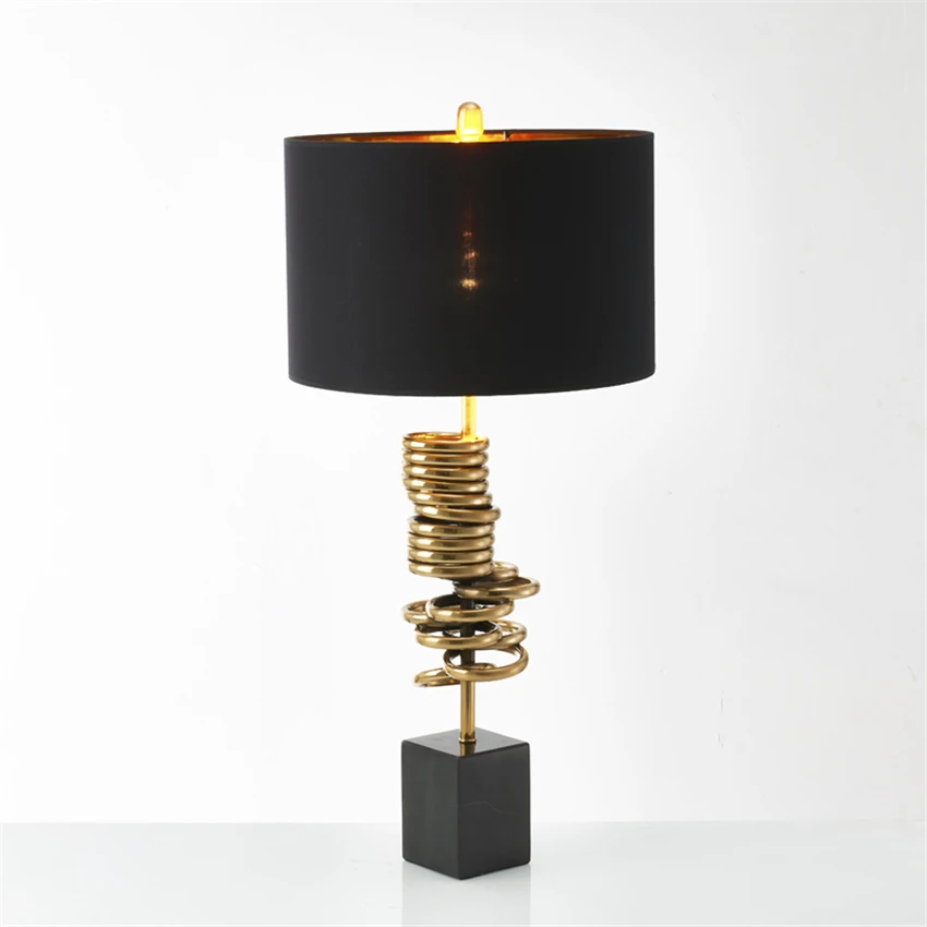 

Post modern gold iron ring black table lamps bedroom creative fabric marble desk lights designer living room American lighting