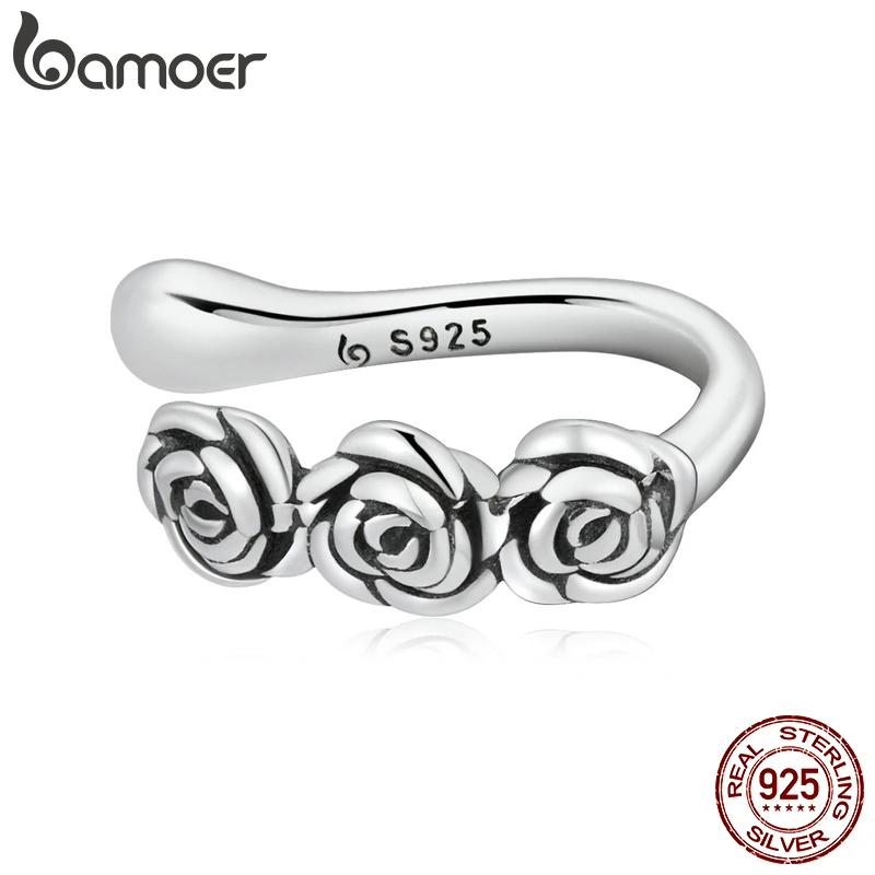 Bamoer 1PC Vintage Stackable Rose Ear Cuff Real 925 Sterling Silver Retro Flowers Ear Clip for Women Fine Jewelry Wedding Gift