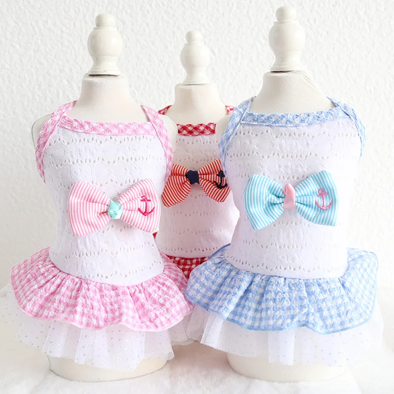 

Lace Bow Grid Dog Dress Pet Products Summer 100% Cotton Clothing For Dogs Cat Chihuahua Teddy Pet Puppy Dog Clothes