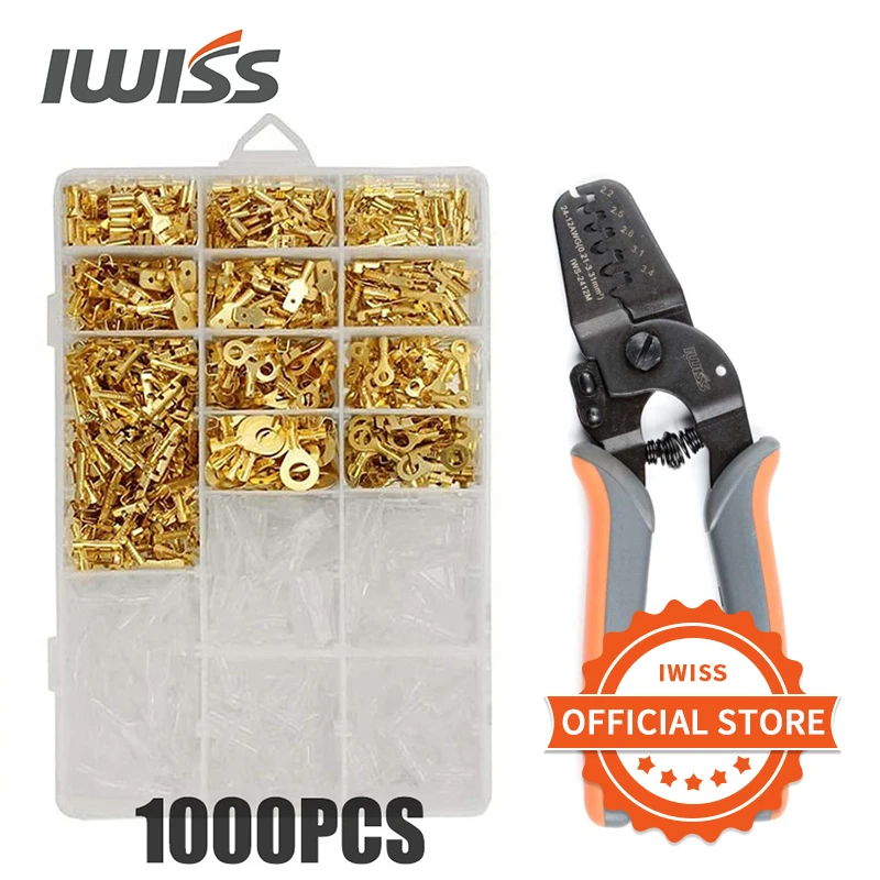 IWISS IWS-2412 Open Barrel Crimping Plier Works on AWG24-12 JAM, Molex, Tyco, JST Terminals With 1000PCS Connectors Tool Kit