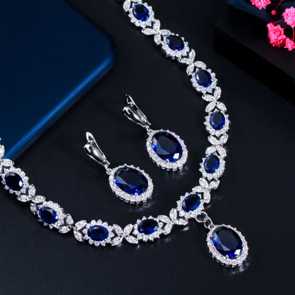 CWWZircons White Gold Color Cubic Zirconia Leaf Drop Blue Big Wedding Necklace Women Party Costume Jewelry Set for Brides T523