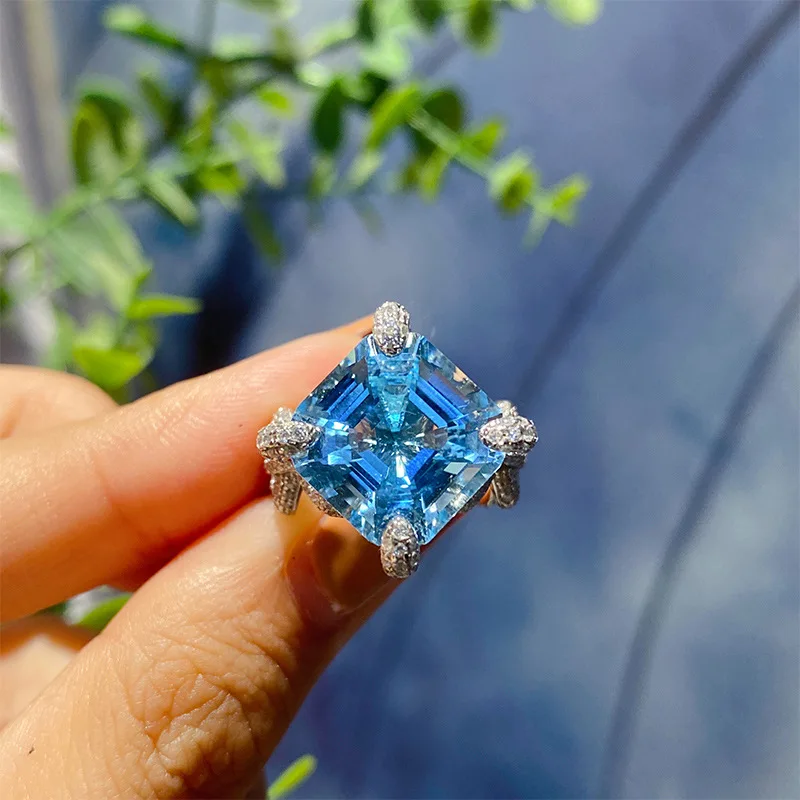 Fashion Square Blue Crystal Synthetic Topaz Stones Diamonds Women's Ring White Gold Silver Color Jewelry Cool Accessories Gift