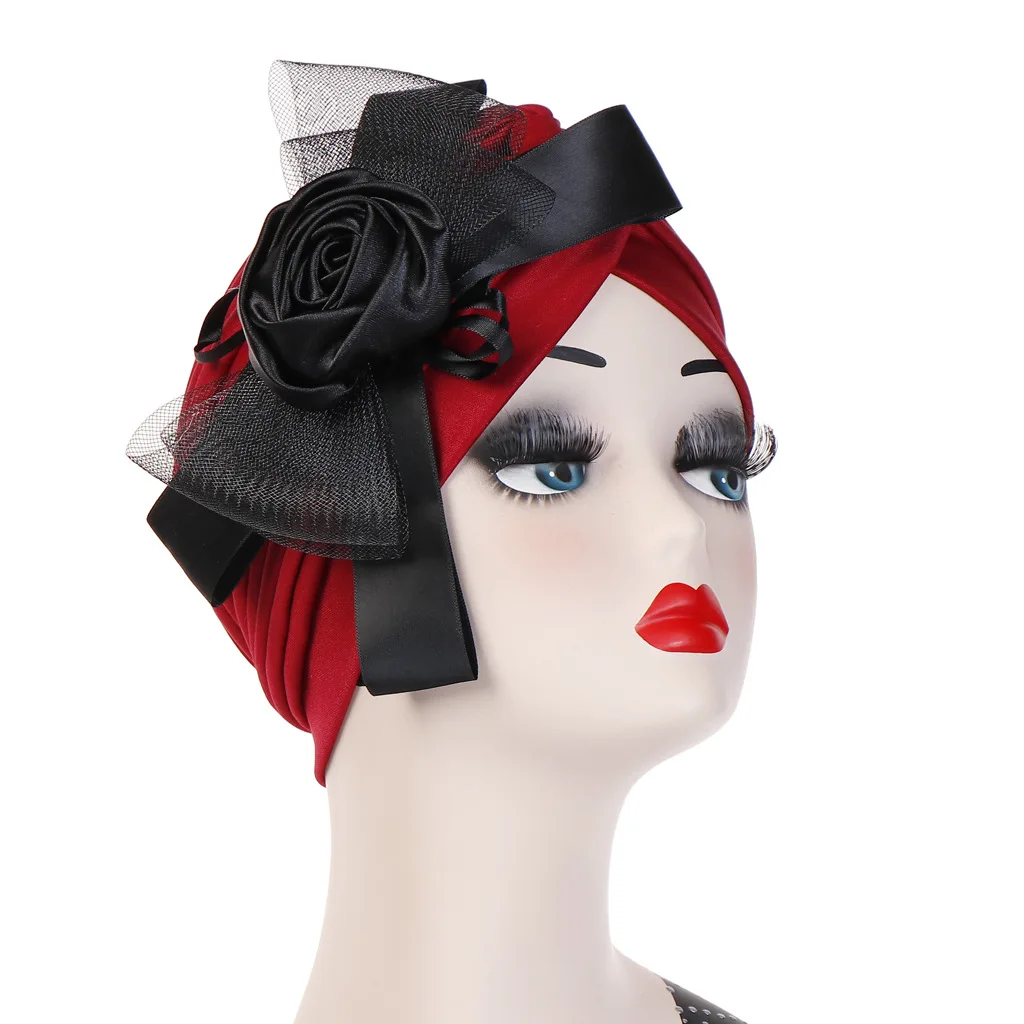 Big Flower Muslim Women Indain Hat Scarf Caps Chemo Turban Islamic Head Cover Party Evening Bonnet Pleated Vintage Elegant Hat