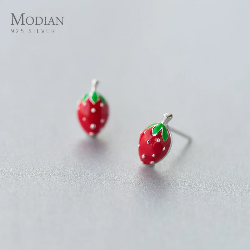 Modian Simple Cute Fruit Strawberry Small Stud Earrings 925 Sterling Silver Studs Ear For Women Statement Silver Jewelry Female