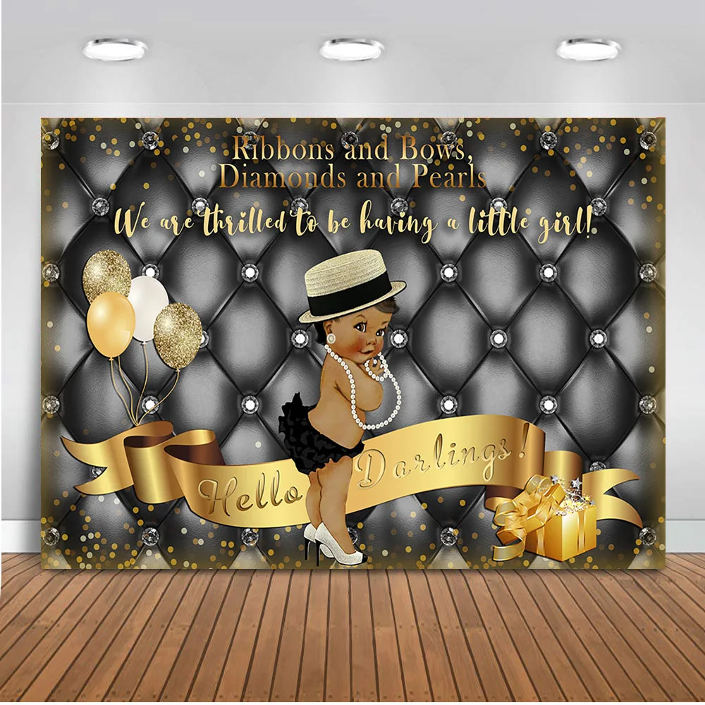 Meisje Baby Douche Achtergrond Linten En Strikken Diamanten En Peals Party Achtergrond Gift Pasgeboren Prinses Ballonnen Goud Zwart