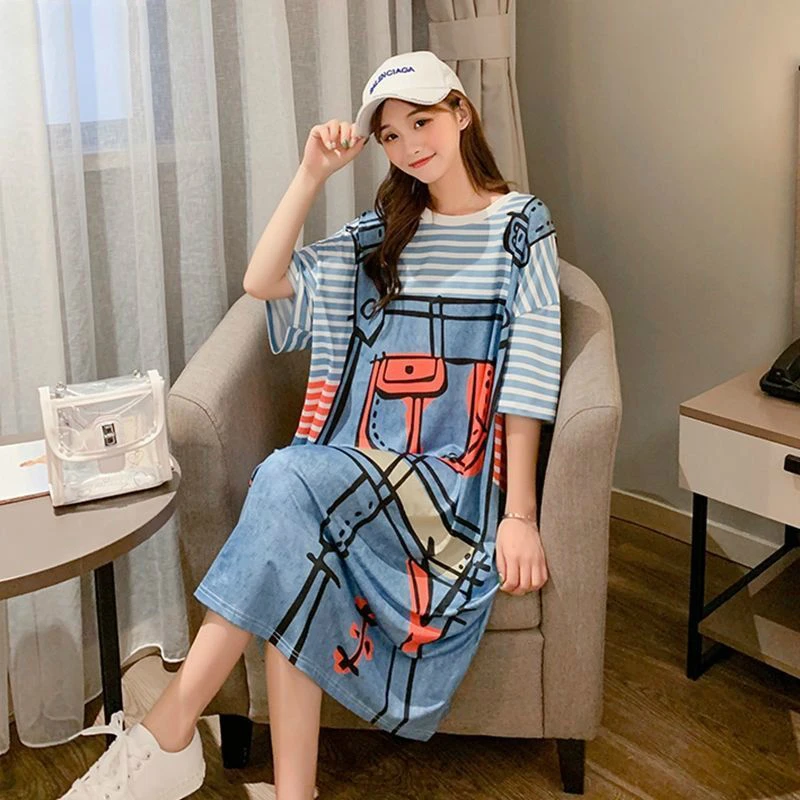 Nightgowns Women Striped Cartoon Fake-suspenders Short-sleeve Stylish Korean Leisure Homewear Sleep-shirts Female Loose Fashion