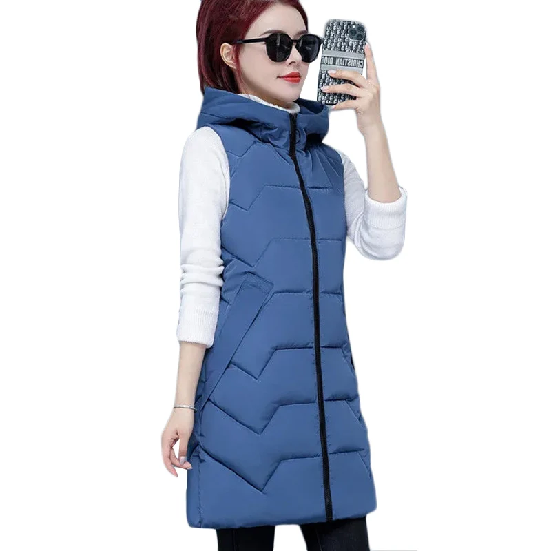 

New Women's Long Down Cotton Vest Autumn Winter Thick Warm Hooded Vests Parka Overcoat Casual Fashion Waistcoat Chaleco Mujer