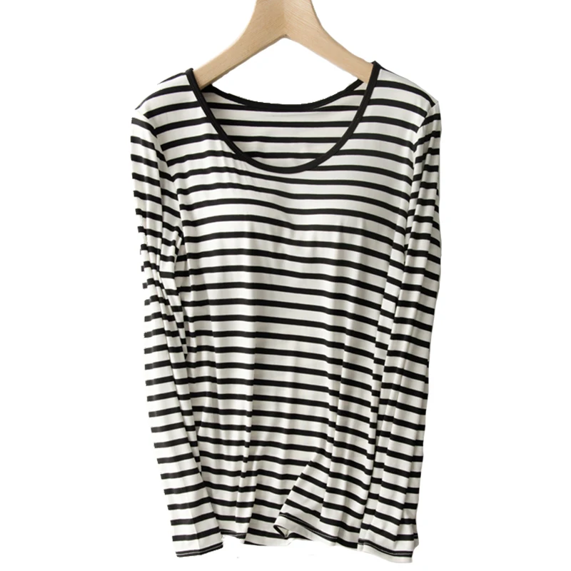 Built In Bra T-shirt Women Modal Striped Soft Long Sleeve Padded Lingerie Lounge Loose Breathable Sleeping Tops Clothing Women