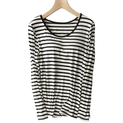 Built In Bra T-shirt Women Modal Striped Soft Long Sleeve Padded Lingerie Lounge Loose Breathable Sleeping Tops Clothing Women