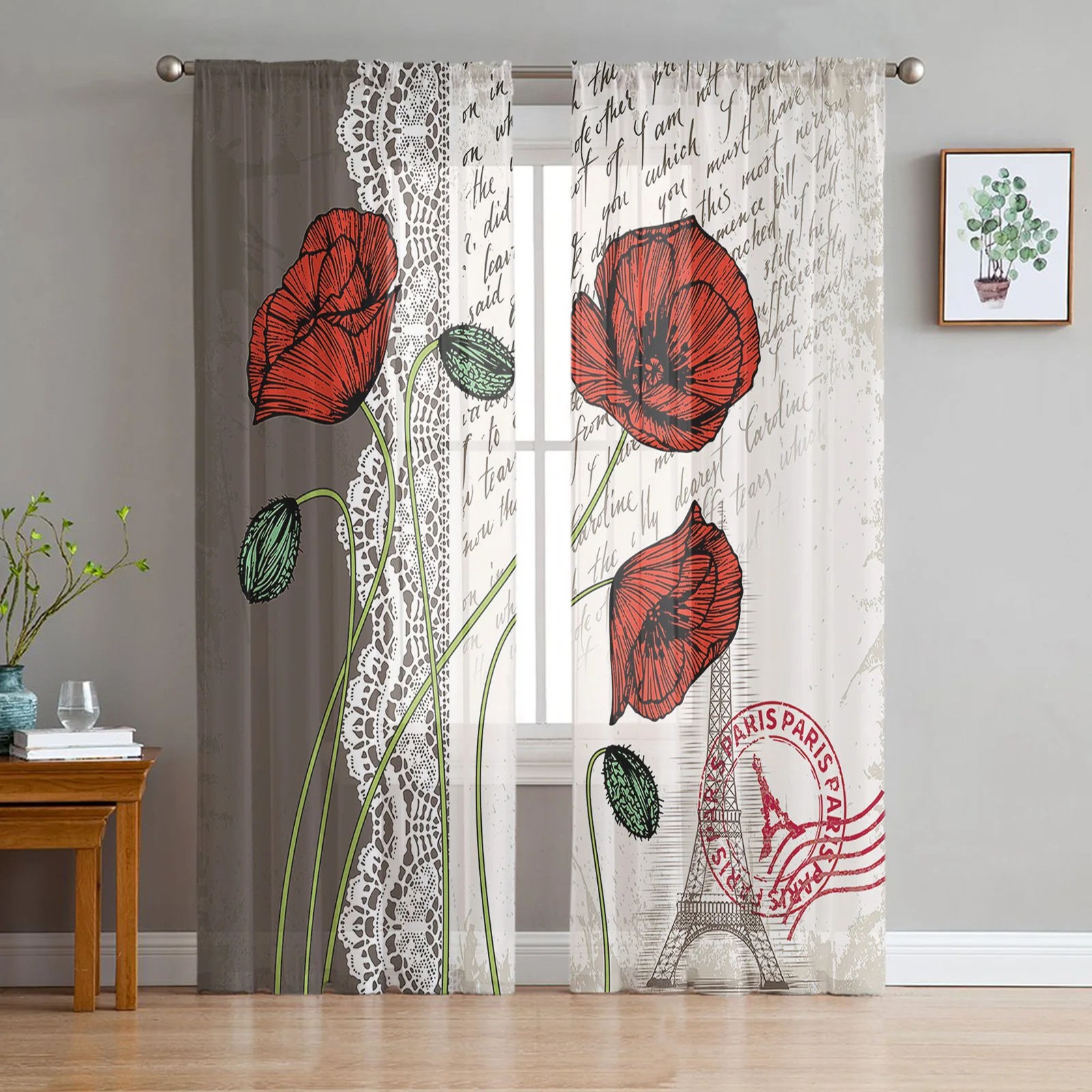 

Poppies And Eiffel Tower Pattern Sheer Curtains for Living Room Voile Tulle Curtain for Bedroom Kitchen Home Decor Panel