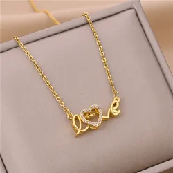 Cute Gold Color Love Letter Crystal Heart Pendant Women Necklace Ladies Romantic Wedding Party Jewelry Female Clavicle Chain