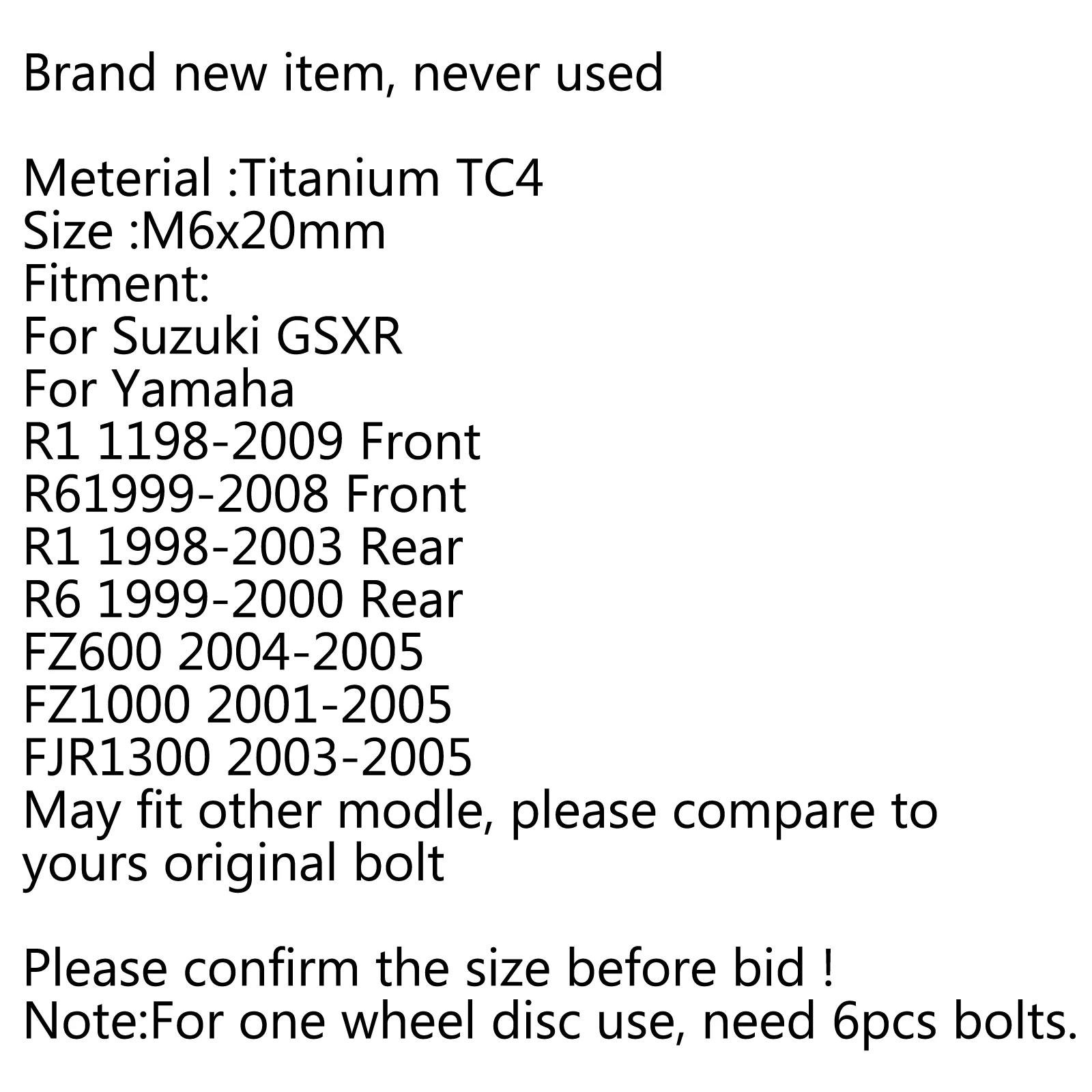 Topteng M6 x 20mm Titanium/Ti Disc Brake Rotor Bolts For Suzuki GSXR Yamaha R1 R6 YZF Motorcycle Accessories