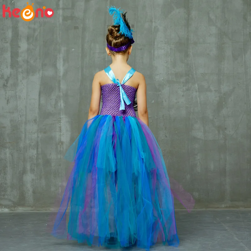 Fancy Peacock Feather Girl Pageant Tutu Dress With Headband Children Kids Birthday Party Wedding Ball Gowns Trailing Tulle Dress