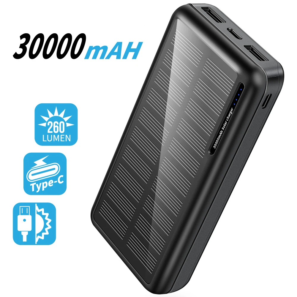 Chargeur solaire Portable 30000mAh, Power Bank de Type C avec double USB pour iPhone 11 pro, Samsung S20, Xiaomi mi9, iPad