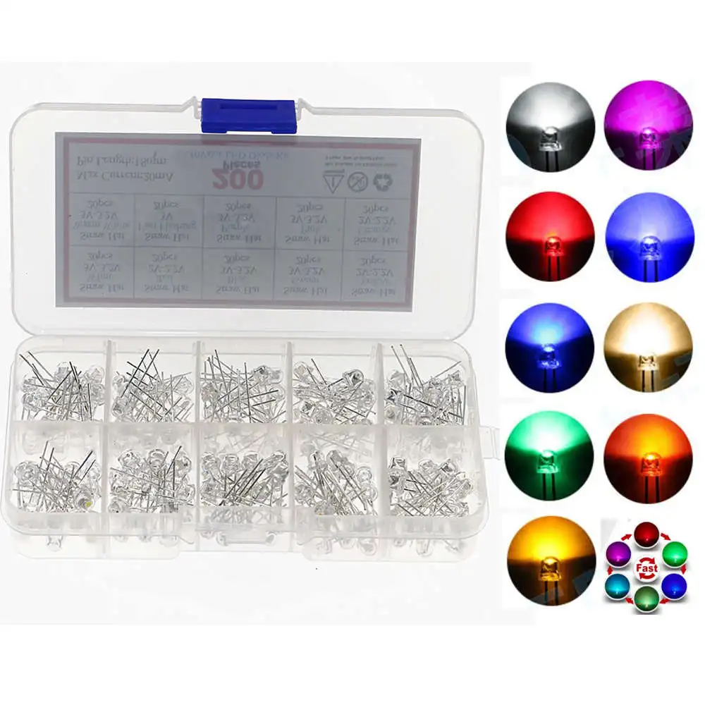 

200pcs 5mm 4.8mm Straw Hat Clear Warm White Green Red Blue Purple Yellow Orange Pink RGB DIY Light Emitting Diode Set Box