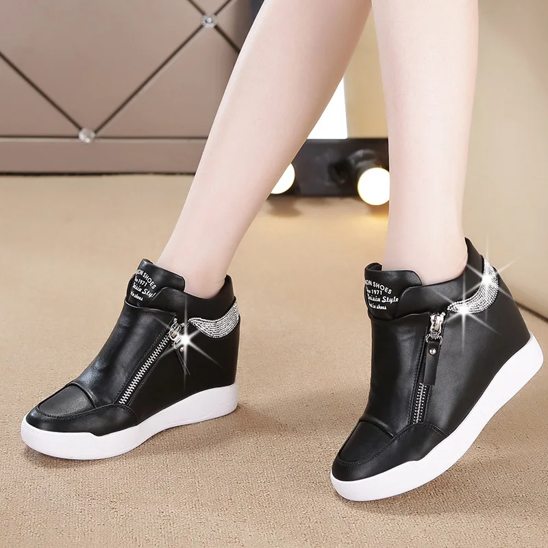 Plus Size 42 Women Wedge Sneakers Side Zipper PU Leather Casual Flat Shoes Sequins Thick Bottom White Shoes Internal Heighten