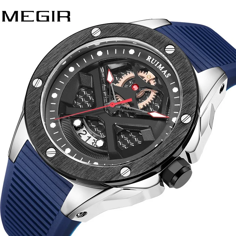 

Оригинальные мужские спортивные японские кварцевые наручные часы Ruimas, дизайн шестеренок, силиконовый ремешок, календарь, многофункциональные, модные повседневные мужские часы
