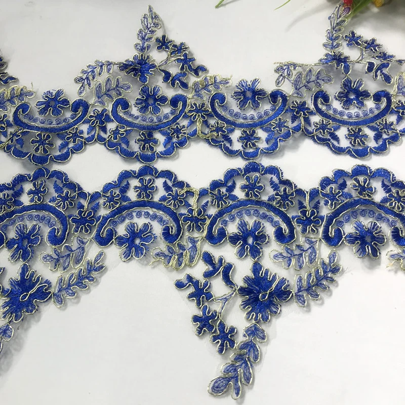 1Y 15CM Wide Embroidered Blue Flower Lace Ribbon Trims for Home Textiles Sofa Covers Trimmings Mesh Applique Sewing Lace Fabric