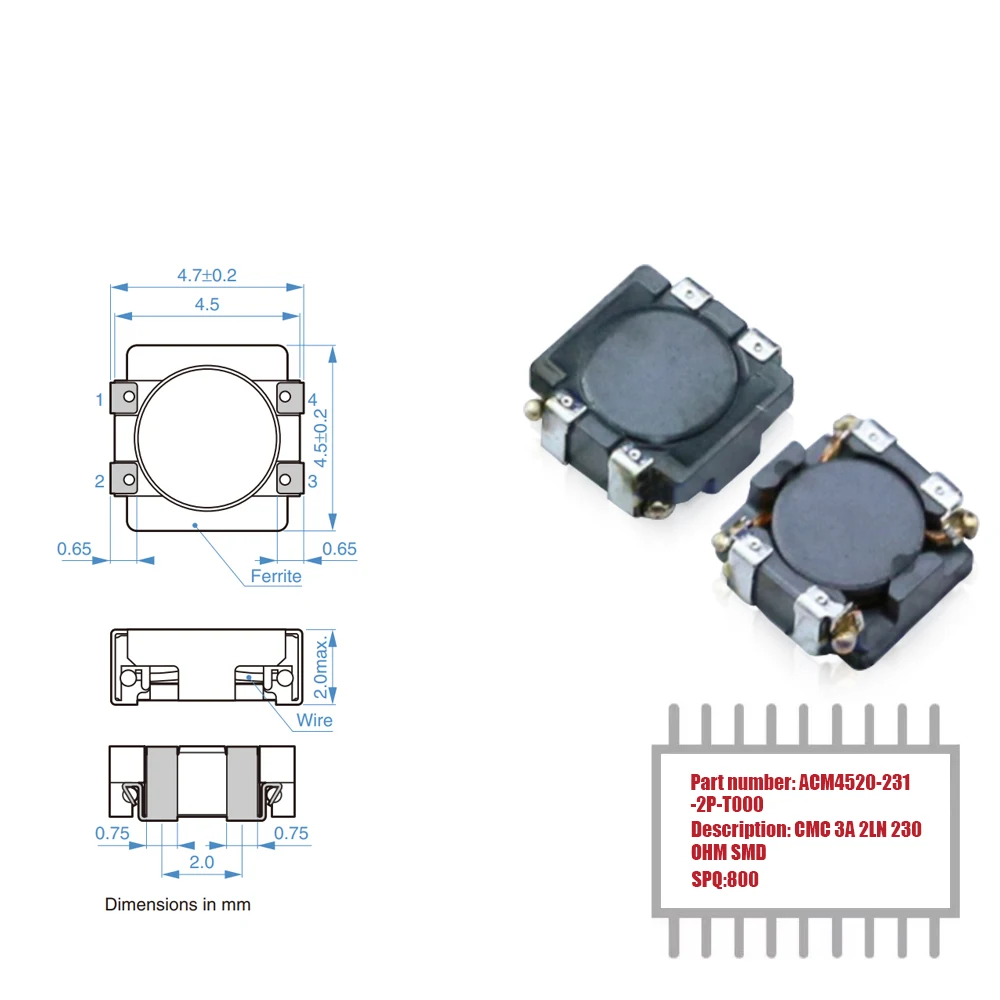 

My Group Asia 800PCS ACM4520-231-2P-T000 2 Line Common Mode Choke Surface Mount 3A 230OHM SMD CMC Filters in Stock