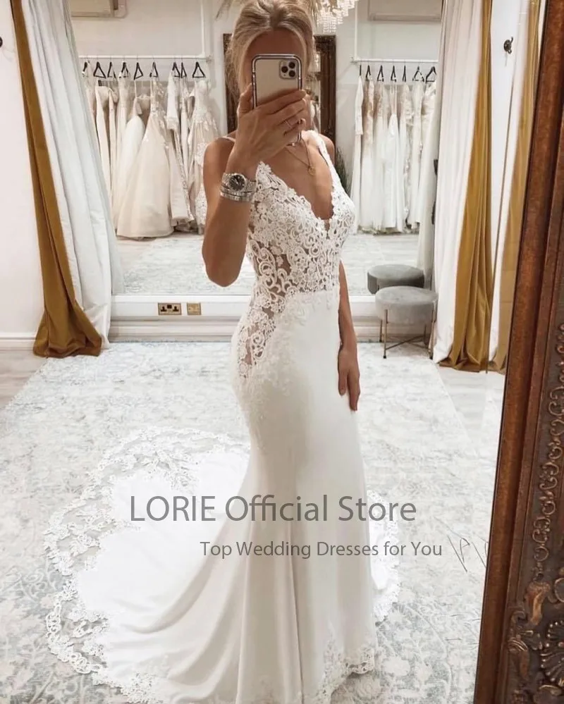 LORIE Boho Wedding Dresses V-Neck Appliques Lace Custom Made Vintage Mermaid Wedding Gowns White  Birde Dress vestido de noiva