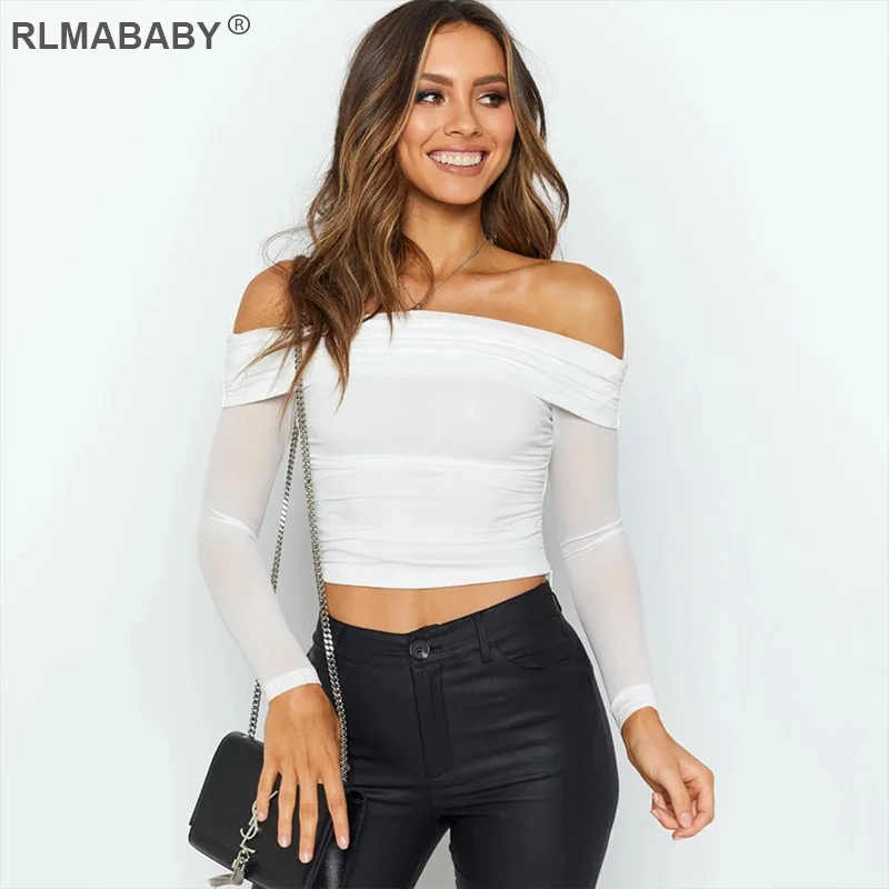 RLMABABY 2020 Spring Summer White Mesh Crop Top Off Shoulder Long Sleeve Sexy Women Tops Skinny Backless Red Female Tshirts Top