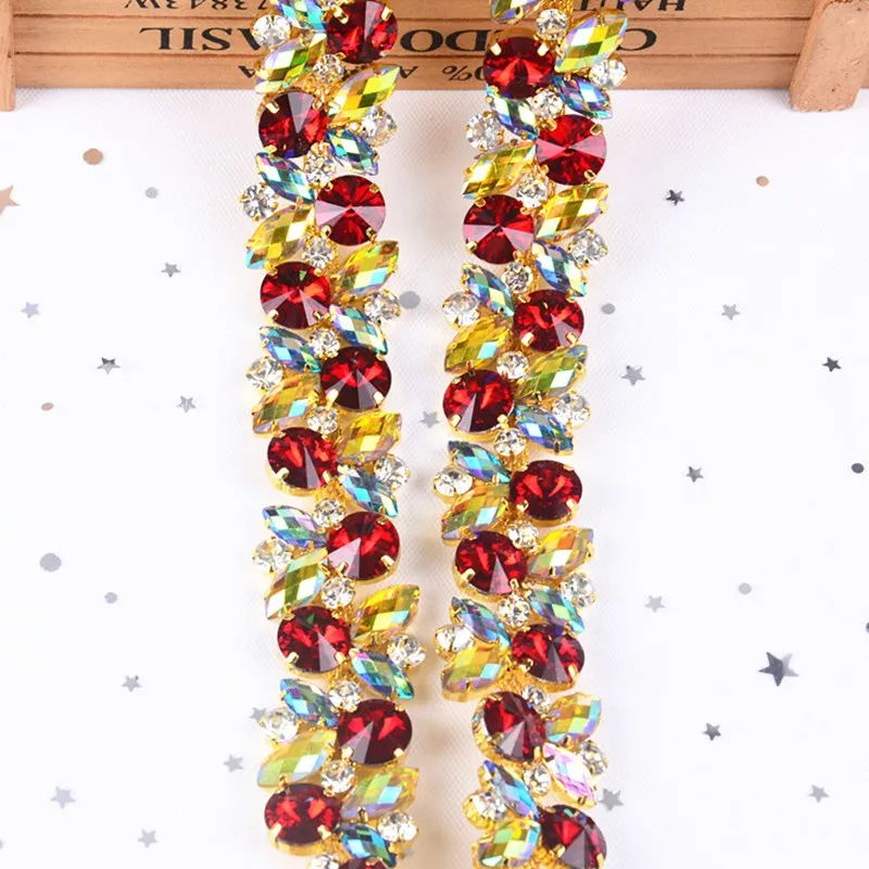 1 Yard Romantic Accessories Multicolor Glass Acrylic Rhinestone Chain Crystal Flower Trim Applique Sew Costume Shoes Diy Dresses
