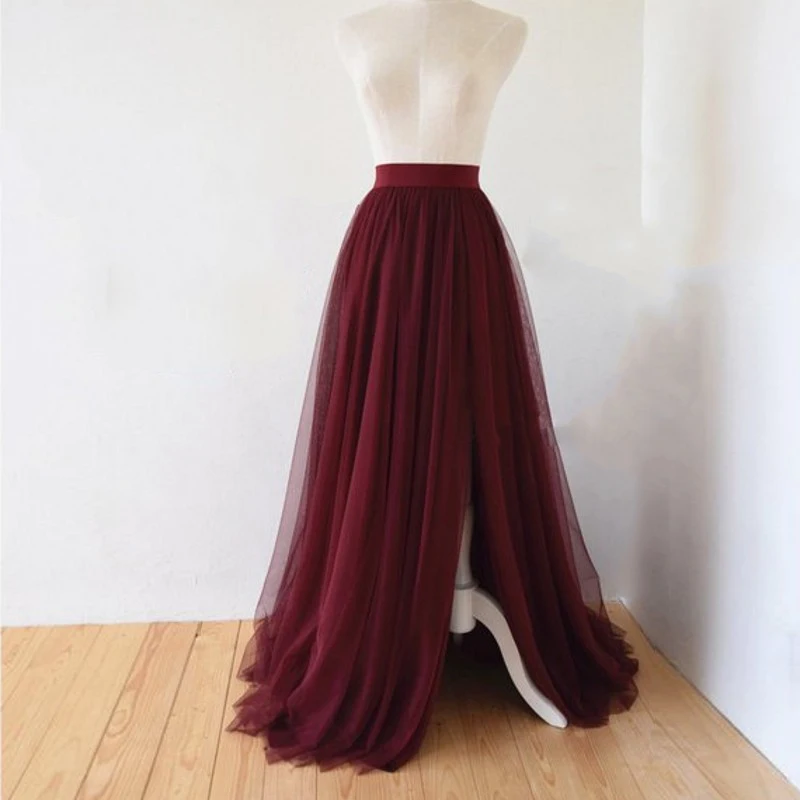 

Mingli Tengda Burgundy Tulle Maxi Skirt For Women A Line Side Split Long Skirts 5 Layers Elastic Waistband Lady Tutu Saias